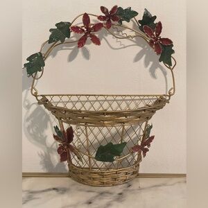 Christmas Wire Hanging Gold Toned Metal Wicker Basket Holly and Green Leaves